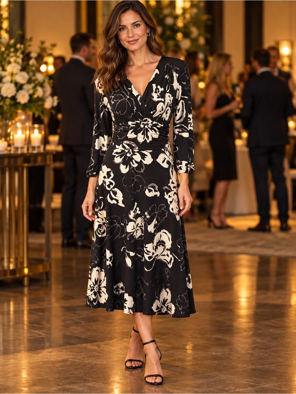 406) Le Château Black & Ivory Floral Wrap-Style Midi Dress